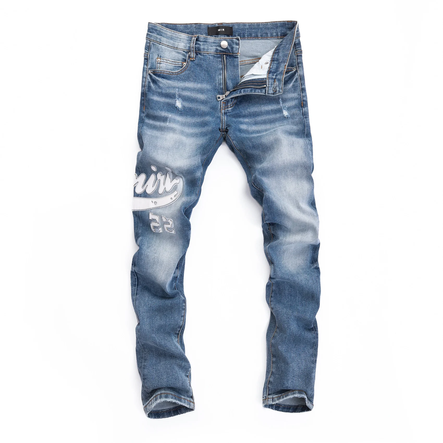 2023 Новый дизайн, Мужские джинсы, потертая Уличная одежда, Модные Тонкие буквы, узор в стиле пэчворк, Поврежденные, рваные, выстиранные синие джинсы 8429