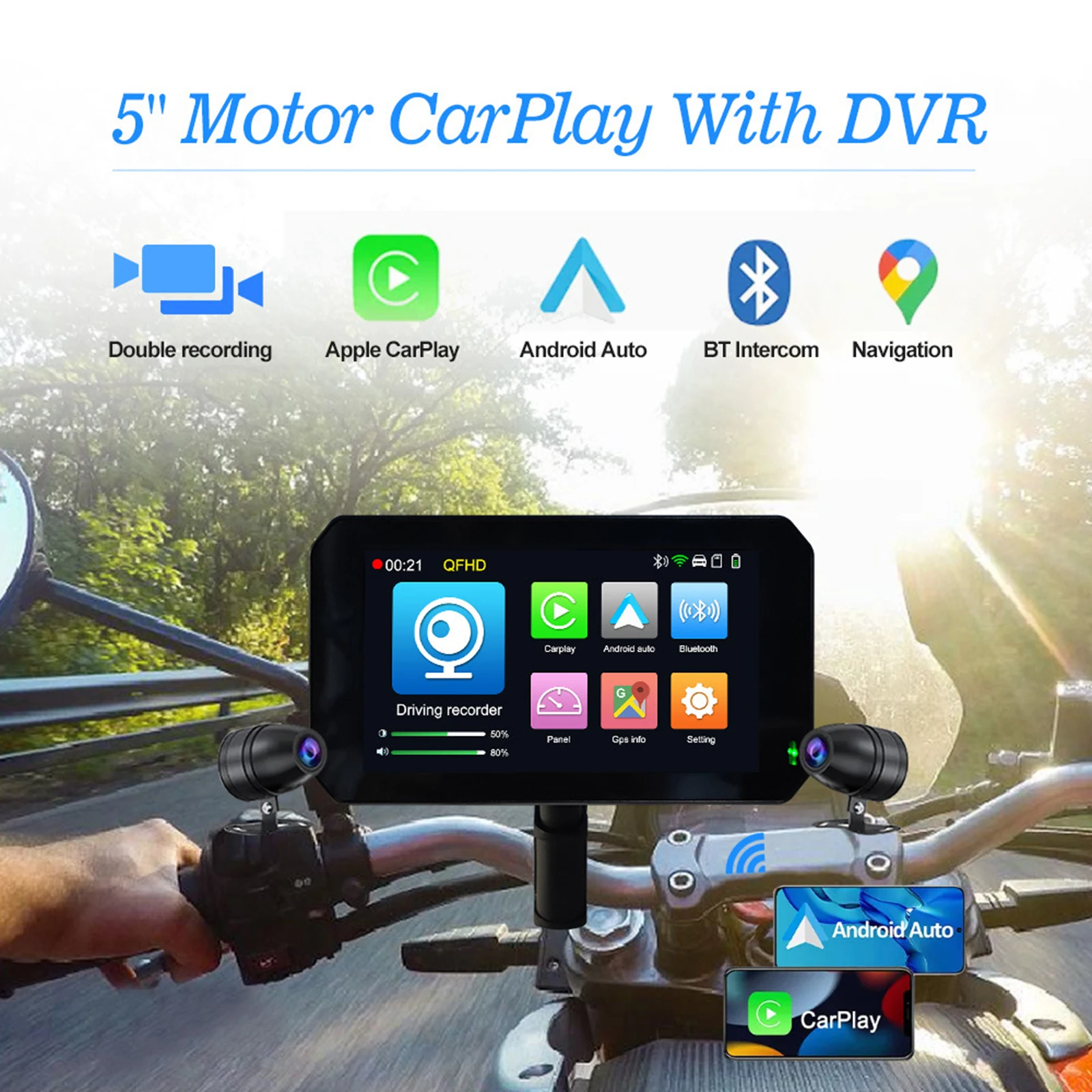 5-дюймовый специальный навигатор для мотоцикла Беспроводной Carplay/Android Автоматическая портативная навигация GPS Экран IPX7 Мотоцикл Водонепроницаемый