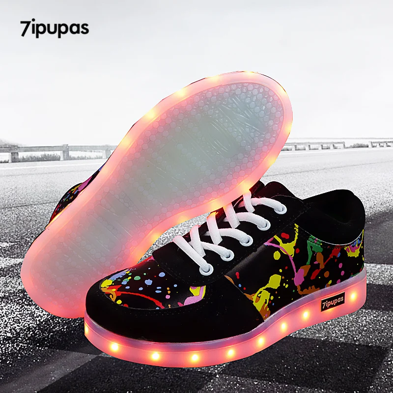 7ipupas/детская обувь со светодиодной подсветкой, новинка, 11 цветов, светящиеся кроссовки, перезаряжаемые через USB, унисекс, обувь со светодиодной подсветкой в стиле граффити для мальчиков и девочек