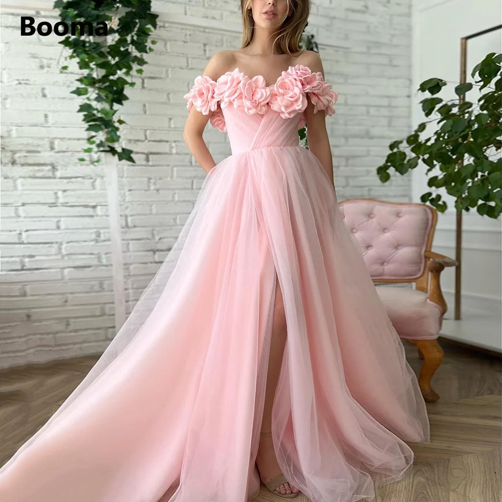Booma 2022 Розовые тюлевые платья для выпускного вечера Трапециевидной формы с открытыми плечами Ручной работы с 3D цветами, Вечерние платья Макси с высоким разрезом, Вечерние платья для официальных вечеринок