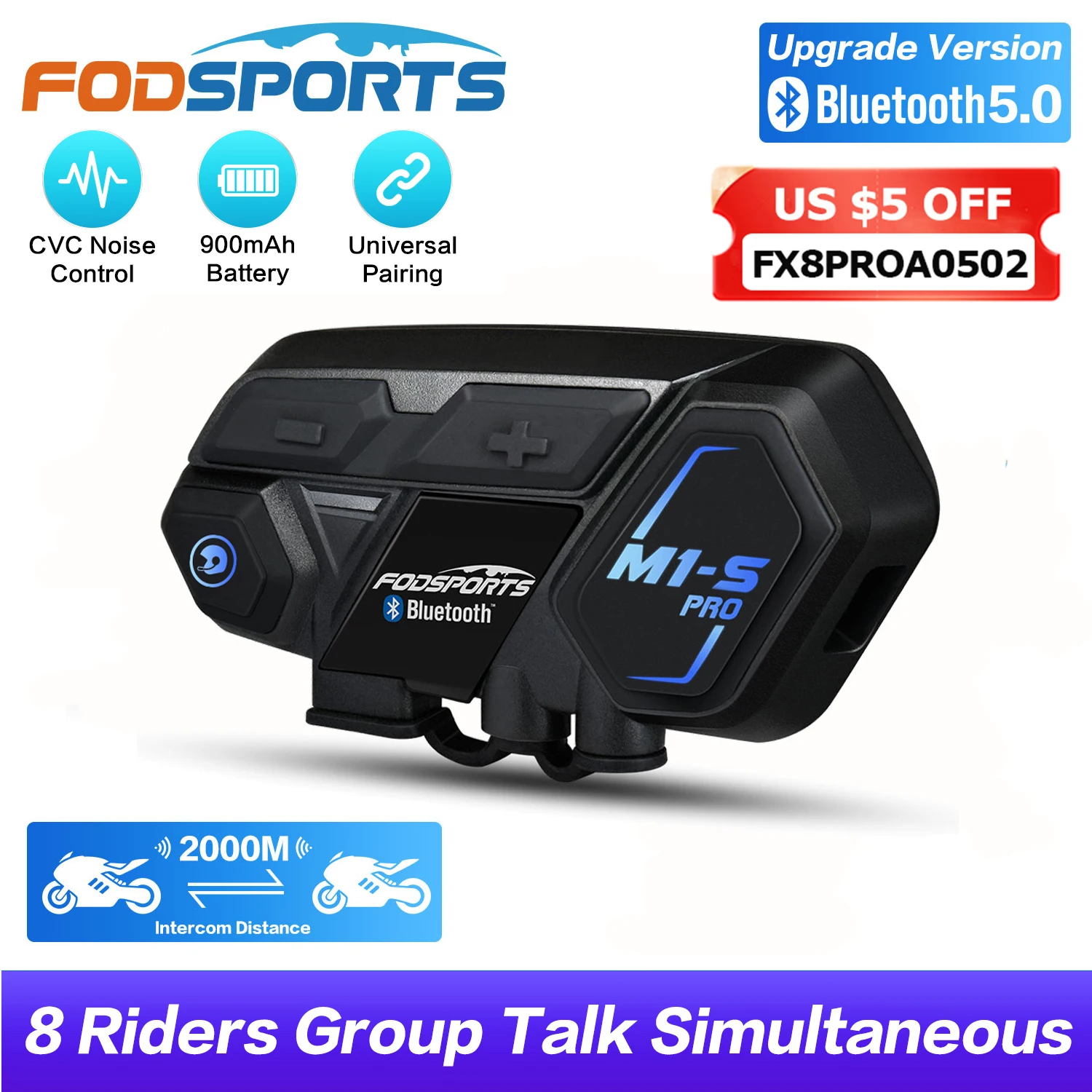 Fodsports M1-S Pro Мотоциклетный Bluetooth-Шлем Гарнитура для 8 Гонщиков Домофон Мотоциклетный intercomunicador Водонепроницаемый Домофон