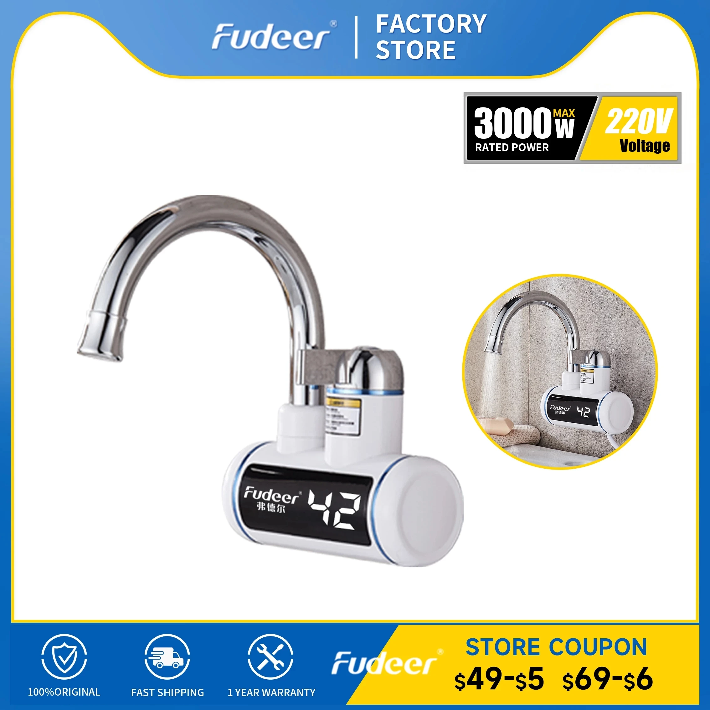 Fudeer Смеситель для проточного водонагревателя для кухни и ванной комнаты 220 В 3000 Вт, Электрический Безцилиндровый бойлер, смеситель со светодиодным дисплеем