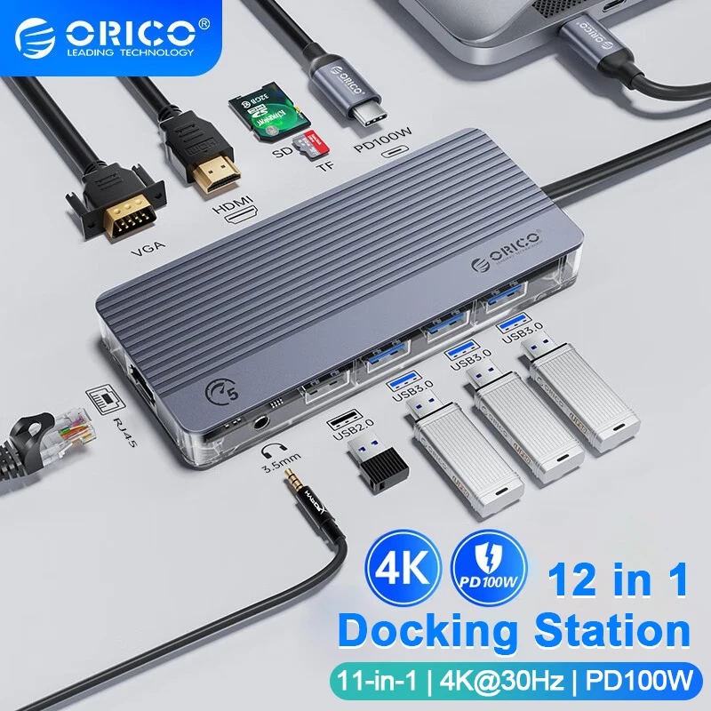 ORICO Прозрачный USB C Концентратор 4K 30Hz Type C К HDMI RJ45 PD 100 Вт Адаптер для Macbook Air Pro iPad Pro Аксессуары для ПК USB 3,0 Концентратор