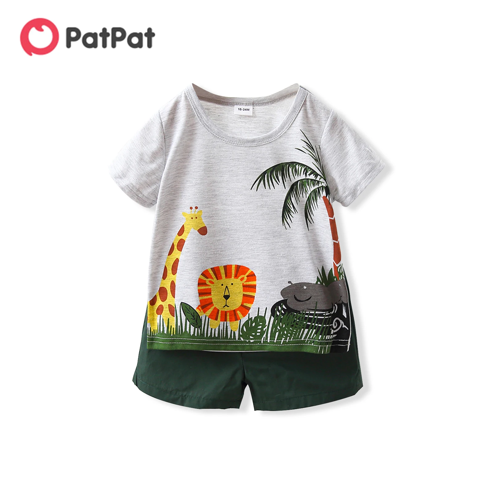 PatPat 2 шт., футболка с короткими рукавами и принтом животных из мультфильмов для маленьких мальчиков, однотонный комплект шорт