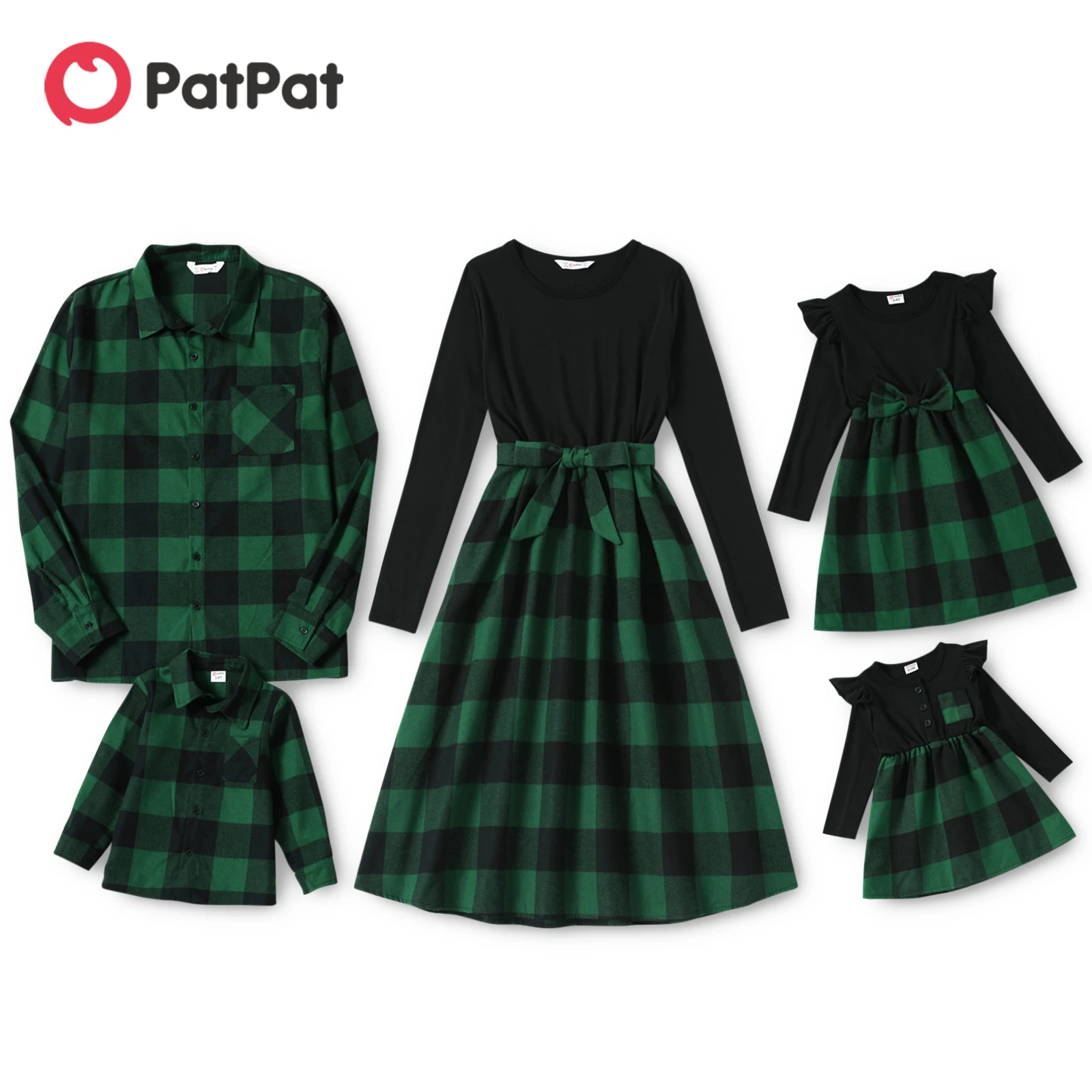 PatPat/ одинаковые комплекты для семьи, клетчатые платья миди с длинными рукавами и поясом, комплекты рубашек для семейной пары