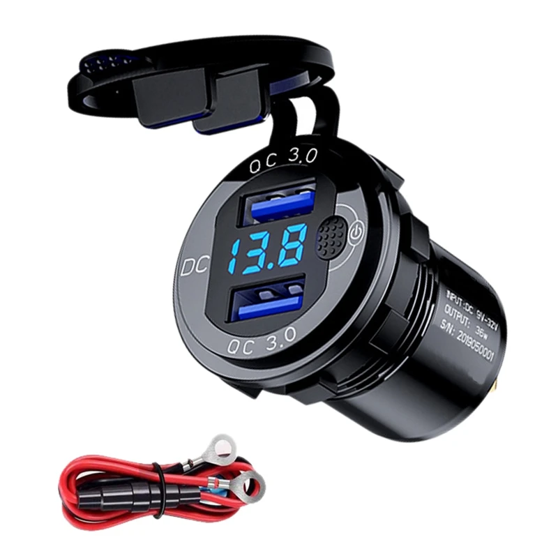 QC 3.0, Автомобильное зарядное устройство с двумя USB-разъемами 12 В/24 В, USB-зарядное устройство с контактным выключателем для лодки, мотоцикла, грузовика, тележки для гольфа