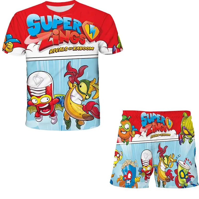 Super Zings / Комплекты с короткими рукавами и 3D принтом для маленьких девочек, Топ + шорты, комплекты из 2 предметов, спортивный костюм, Одежда для маленьких детей, Футболка для мальчиков/короткие