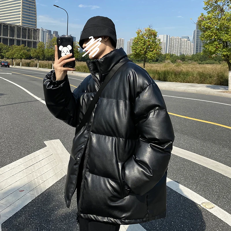 YASUGUOJI искусственная кожа Зимняя мужская куртка с подкладкой из искусственной кожи, пальто, толстая теплая парка, пальто, уличная мода, мужская куртка с хлебом