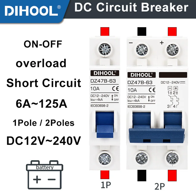Автоматический выключатель постоянного тока DC12V 24V 48V 36V 72V MCB Для батареи PV Солнечный протектор DZ47B Положительный отрицательный переключатель Изолятор