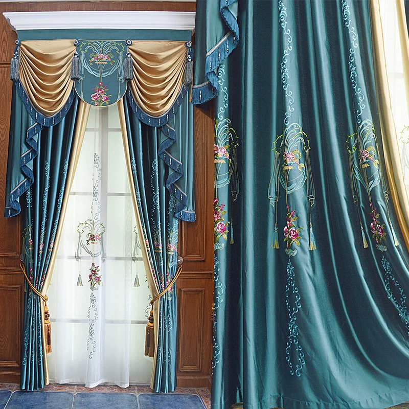 Американский европейский шелк, шелковый атлас, хлопковая занавеска с вышивкой, роскошная ткань для гостиной, спальни, занавеска для пола, синяя занавеска