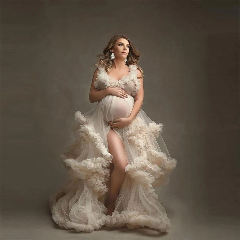 Белые платья для беременных для фотосессии, Халат, Сексуальный V-образный вырез, без рукавов, Кимоно с разрезом по бокам, Пышное сетчатое платье для беременных, сшитое на заказ для выпускного вечера