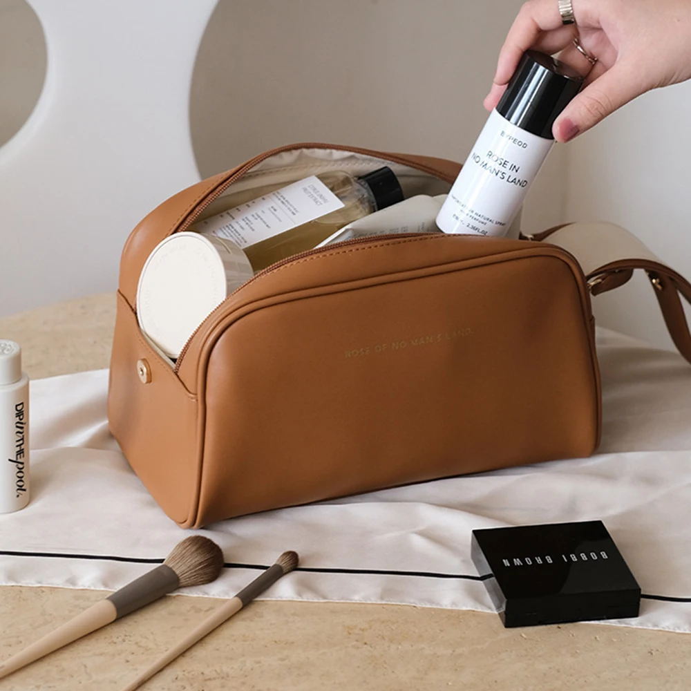 Большая Вместительная сумка-органайзер для макияжа из искусственной кожи, Двойная молния, водонепроницаемая Портативная косметичка, дорожная сумка для туалетных принадлежностей