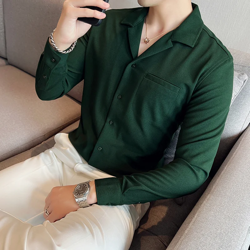 Весенняя одежда, высококачественная текстурная вафельная рубашка, модная мужская рубашка Senior Sense с кубинским воротником и длинными рукавами зеленого цвета. Черный S-4xl