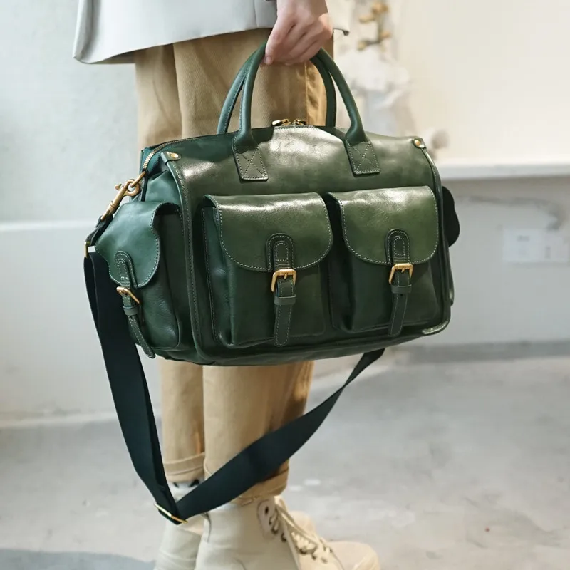 Винтажная роскошная женская сумка из натуральной кожи с несколькими карманами, дизайнерская зеленая сумка через плечо из натуральной воловьей кожи большой емкости