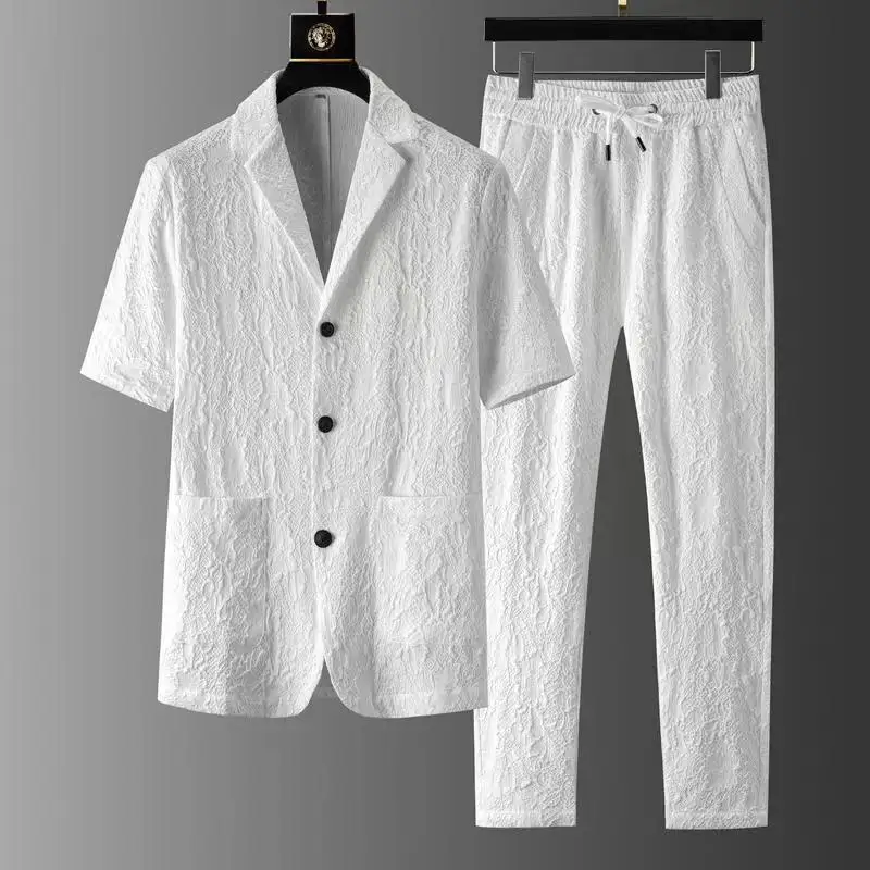 Высококачественный повседневный костюм с короткими рукавами, мужской летний новый облегающий легкий роскошный костюм корейской версии, мужской комплект из двух предметов