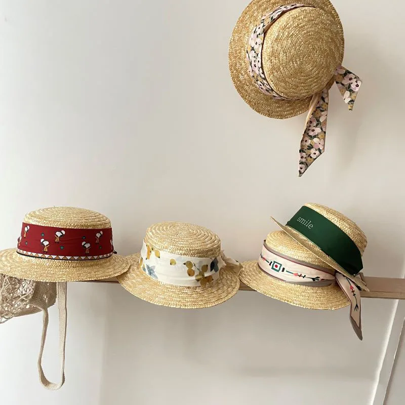 Детская соломенная шляпа с модным принтом, детские шляпы-ведра в корейском стиле, Летние соломенные кепки с бантом для девочек и мальчиков, детские пляжные кепки