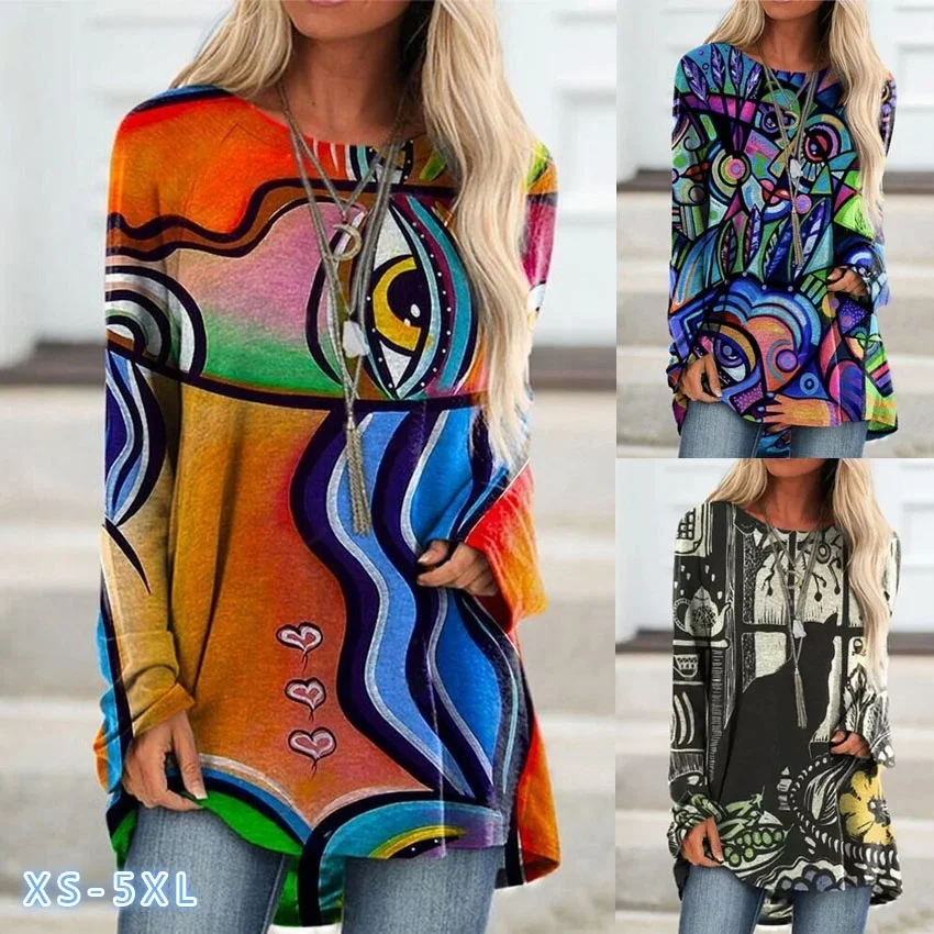 Женская модная Свободная повседневная блузка с круглым вырезом и цветочным принтом, осенние футболки, Пуловеры, топы