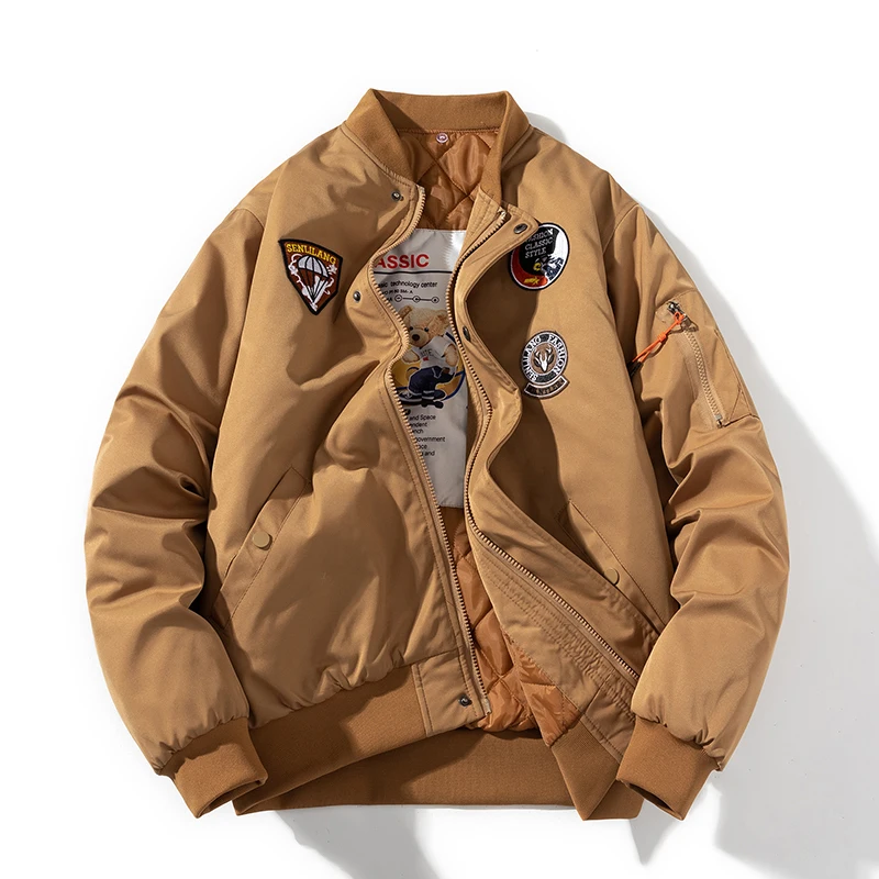 Зимние куртки пилотов, Мужская военная куртка-бомбер, значок, баскетбольное пальто Embriodery, парки с капюшоном, мужская мода, Осень, Черный, коричневый