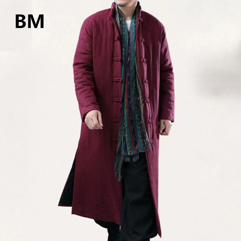Зимняя удлиненная хлопковая Длинная одежда В китайском ретро национальном стиле, Мужской халат с хлопковой подкладкой, однотонный халат для отдыха с воротником-стойкой