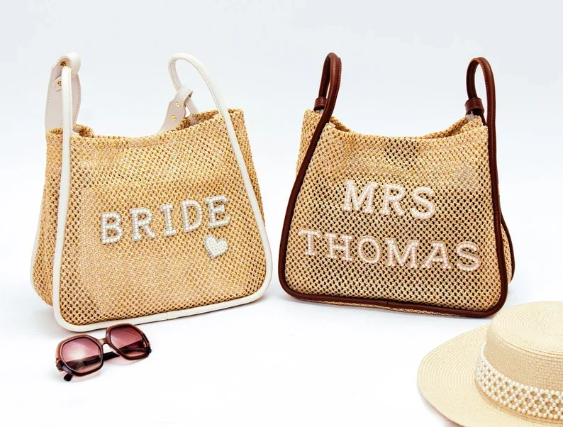 Индивидуальные Пляжные Сумки-Тоут Mrs Honeymoon Beach Bridesmaid Gifts Bag с Жемчугом для Свадебной Вечеринки Персонализированные Сумки-Тоут