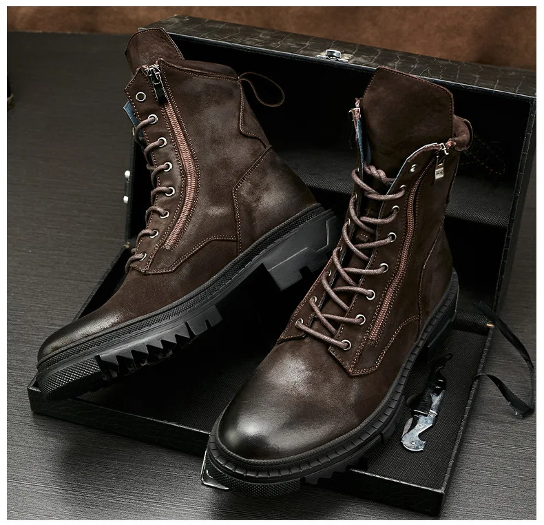 Кожаные мужские зимние рабочие ботинки из флиса в английском стиле, армейские ботинки на платформе, мужские мотоциклетные ботинки со средним берцем