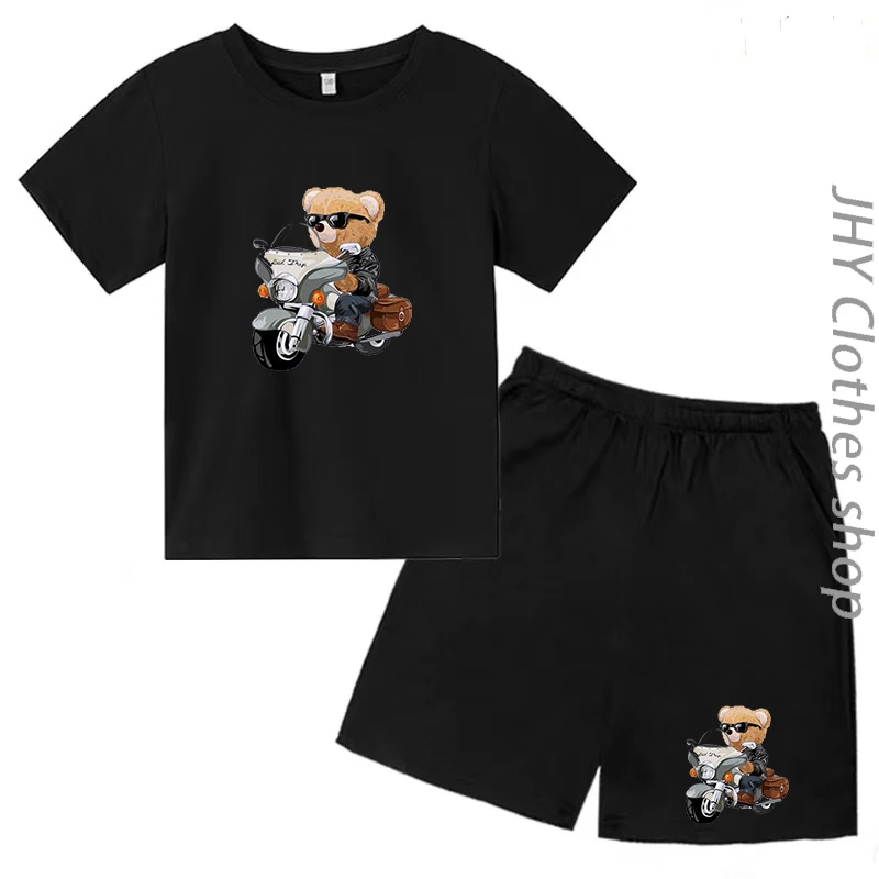 Комплект футболок для детей от 3 до 14 лет, летний мотоцикл с медведем, принт в виде доллара наличными, Модные повседневные шорты с короткими рукавами для мальчиков и девочек, очаровательная одежда