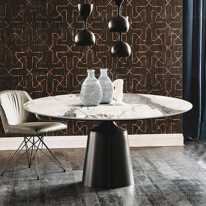 Круглый стол из яркой каменной плиты, Итальянский Светлый Роскошный Дом, Круглый обеденный стол в постмодернистском стиле с поворотным столом, мебель для гостиной