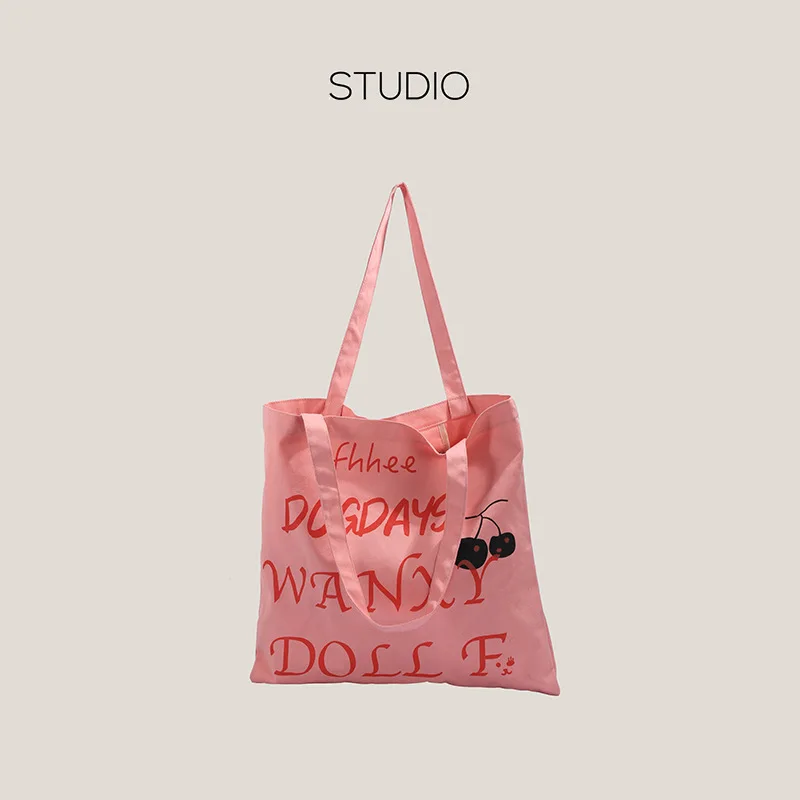 Летняя Корейская стильная розовая холщовая эко-сумка для покупок, женская модная сумка, черная Вишневая английская буква, Простой минимализм, сплошной цвет