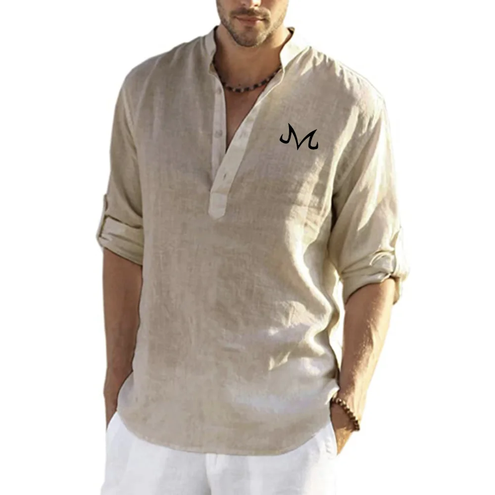 Летняя модная Новая Льняная мужская одежда, однотонные мужские рубашки со стоячим воротником и длинными рукавами в пляжном стиле, повседневные хлопковые льняные рубашки для мужчин