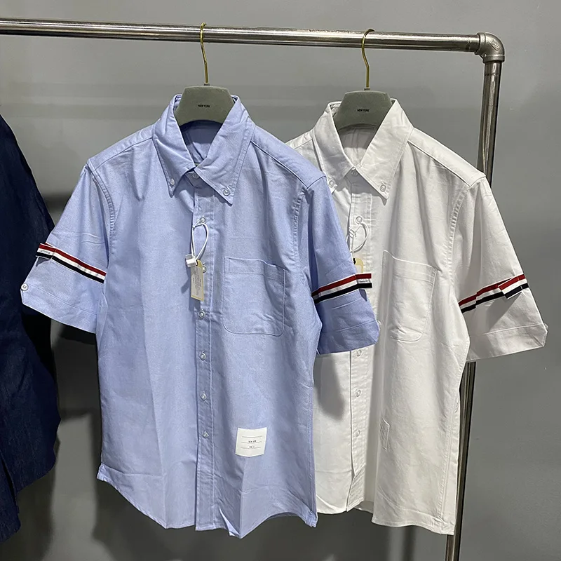 Летняя футболка TB с короткими рукавами, повседневная рубашка из Оксфорда с двойной красной, белой и синей лентой, вращающаяся для мужчин и женщин