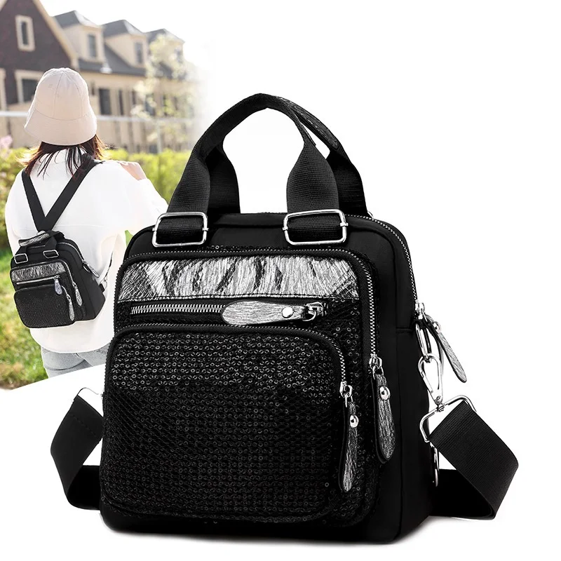 Модный блестящий женский рюкзак для колледжа, черный многофункциональный рюкзак, женская сумка через плечо, нейлоновая дорожная сумка, женская сумка-тоут