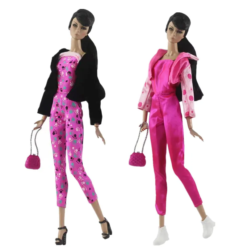 Модный Розовый комбинезон, комплект одежды для куклы Барби, пальто, Сумочка, Повседневная одежда, 11,5 