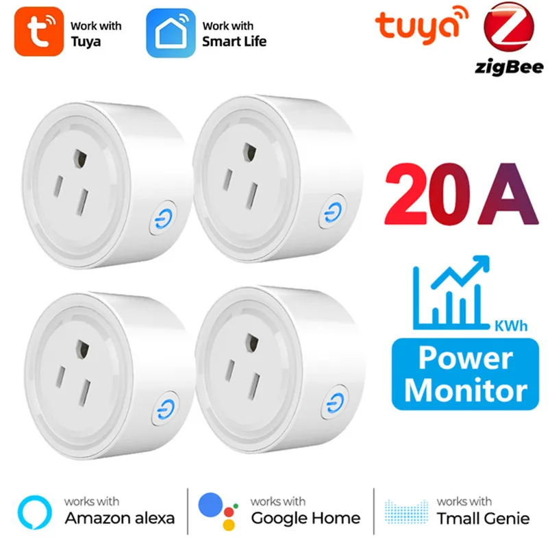 Монитор питания 20A 16A Tuya Smart Zigbee Socket Plug US Беспроводная Розетка Управления с Таймером энергопотребления Работает с Alexa Google Home