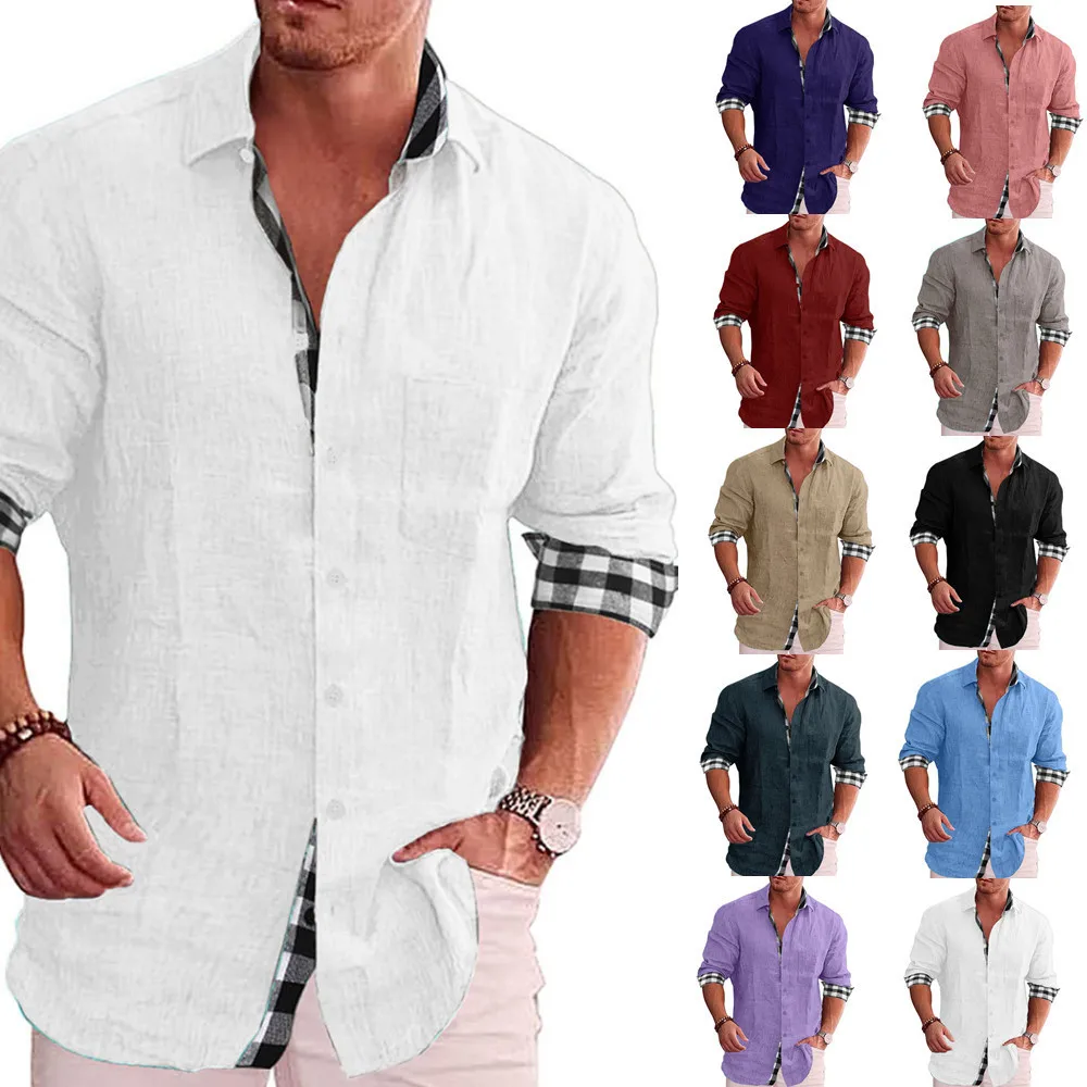 Мужская Повседневная хлопчатобумажная льняная рубашка 2023 с имитацией шеи, Однотонный свободный топ с длинным рукавом, Весенне-осенняя красивая модная рубашка