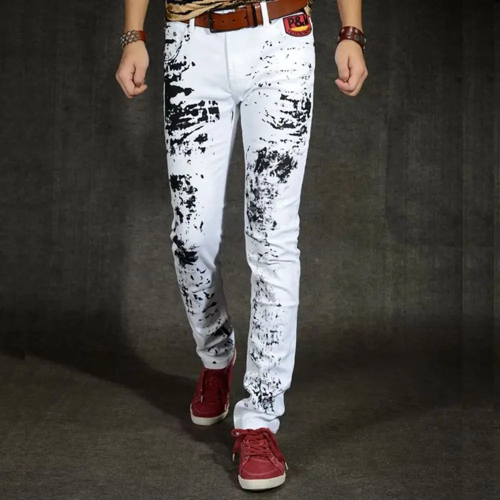 Мужские джинсы Harajuku уличная мода Ретро принт узкие высококачественные повседневные облегающие джинсовые брюки с граффити