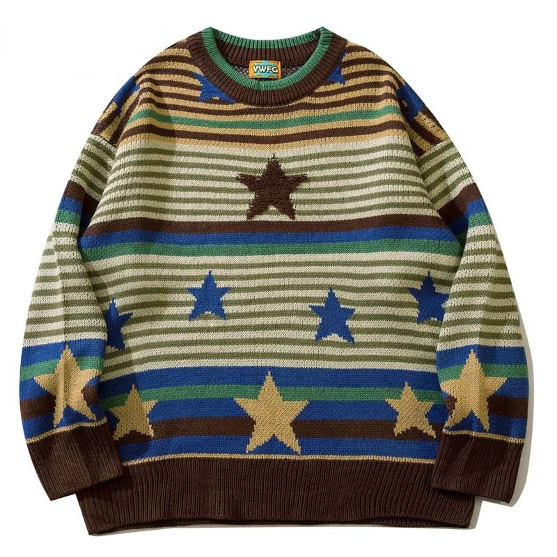 Мужской винтажный свитер Harajuku в полоску со звездами, очень крупный вязаный свитер, Осенняя Уличная одежда, Пуловер для пары, Унисекс, Зима