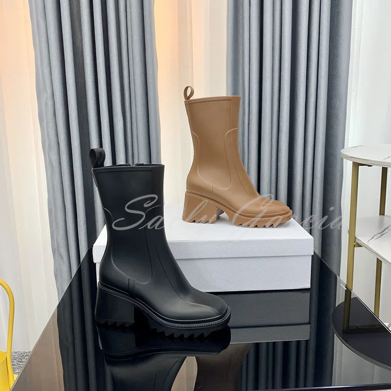 Непромокаемые ботинки на массивном квадратном каблуке, Женские Ботильоны на платформе с толстой подошвой и боковой молнией, женские Дизайнерские резиновые сапоги 