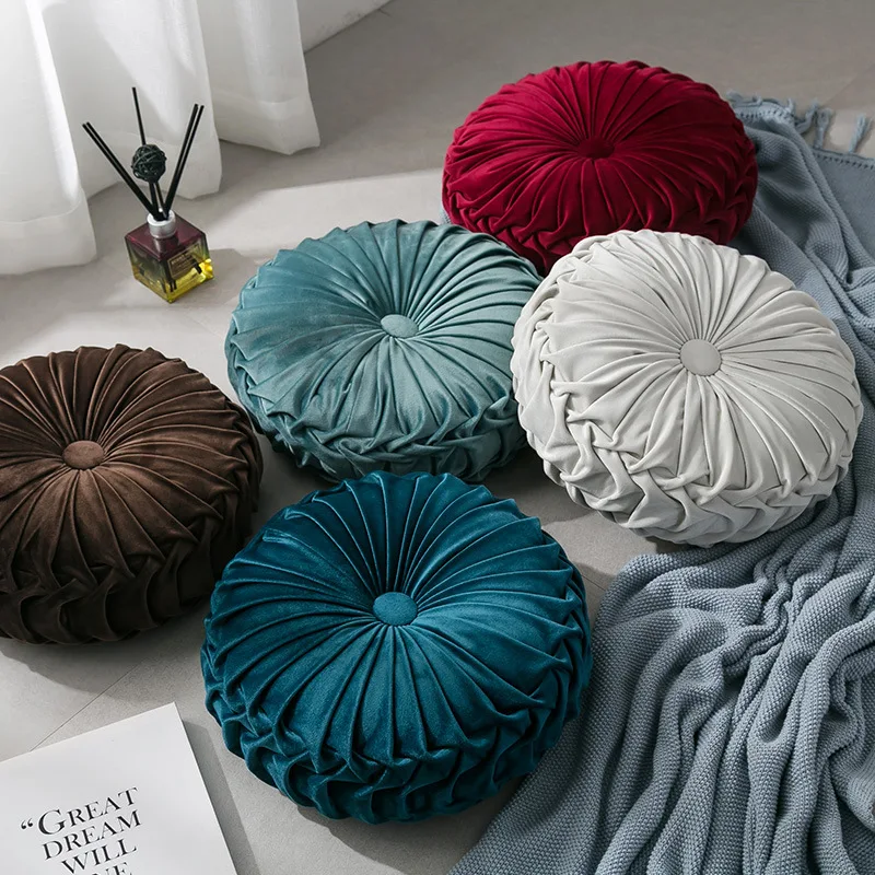 Новейший домашний текстиль, бархатная плиссированная круглая однотонная подушка, пуф, домашняя мягкая подушка