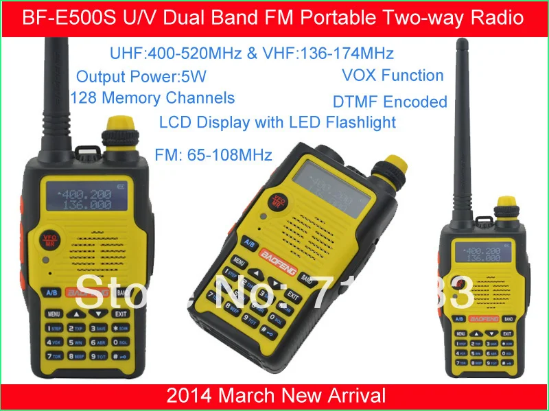 Новинка 2014!Baofeng BF-E500S 136-174 МГц и UHF400-520 МГц Двухдиапазонный 5 Вт/1 Вт 128 канальный FM 65-108 МГц с бесплатными наушниками Портативное двустороннее радио