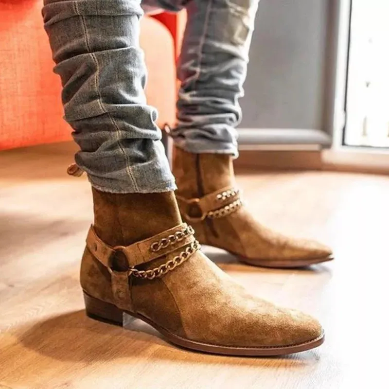 Новые зимние мужские коричневые замшевые ботинки ручной работы в деловом стиле из коровьей замши на молнии из натуральной кожи, мужские короткие ботинки в западном стиле по щиколотку
