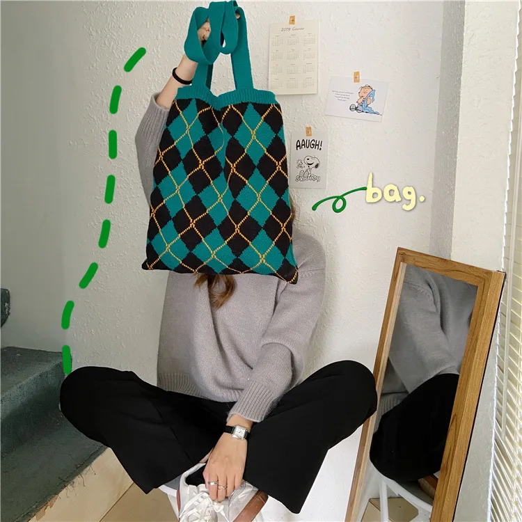 Новый дизайн, студенческая любовь, вязаная ручная сумка, шерстяная сумка на плечо, экологическая сумка для хранения, многоразовая складная Эко-сумка для бакалеи
