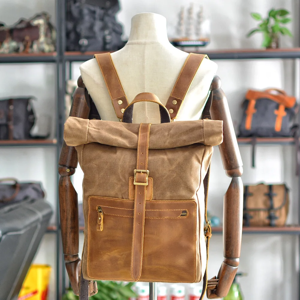 новый простой рюкзак из восковой холщовой ткани в стиле ретро, мужской повседневный рюкзак с кожаной сумкой, квадратная школьная сумка