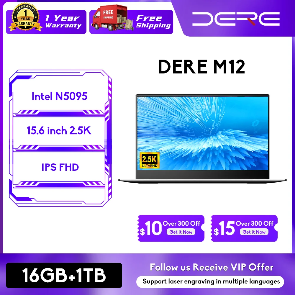 Ноутбуки Dere M12, 15,6-дюймовый 2.5K IPS, 16 ГБ оперативной памяти + 1 ТБ SSD-накопителя, Intel Celeron N5095, Офисный обучающий компьютер Windows 11 Notebook