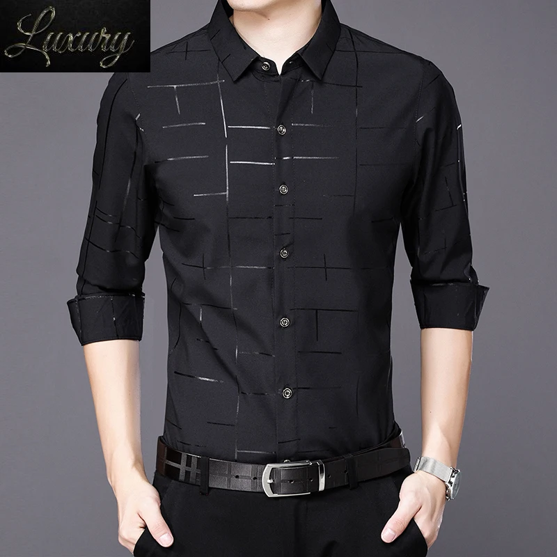 Официальная рубашка Мужская Классическая деловая С длинным рукавом, однотонный топ в полоску с принтом Против морщин, Тонкая мужская одежда, топ