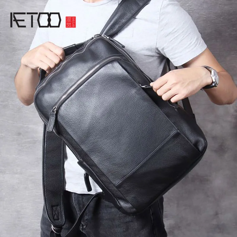 Простой повседневный кожаный рюкзак AETOO, мужской дорожный рюкзак из кожи первого слоя ручной работы, кожаный рюкзак