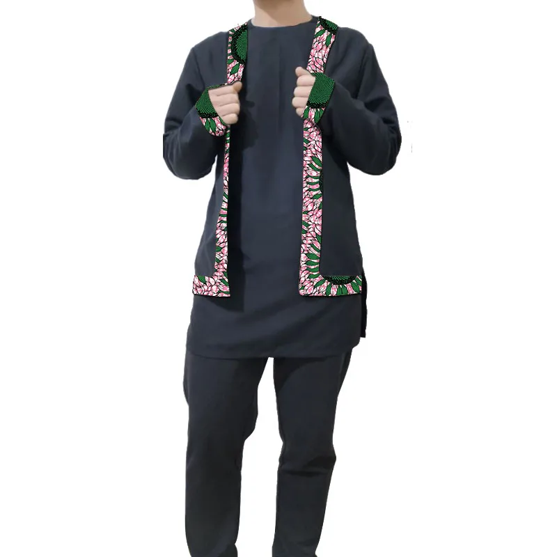 Рубашка в стиле пэчворк с нигерийским принтом, поддельные два топа с однотонными черными брюками, мужские комплекты с длинными рукавами, Африканский свадебный костюм жениха