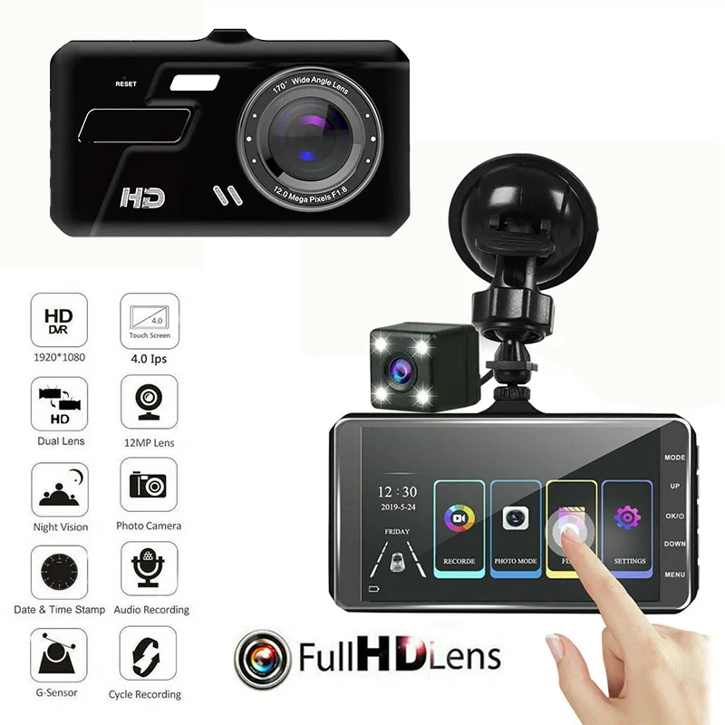 Сенсорная автомобильная камера-рекордер, двойная передняя и задняя видеорегистраторы HD 1080p, ночное видение, 24-часовой мониторинг парковки, Широкоугольный 1080P