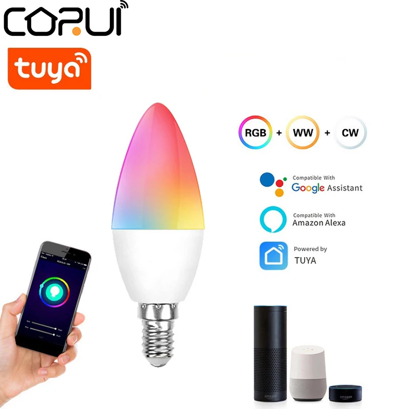 Умная лампа Tuya E14 E12 5 Вт RGB + CW + WW WiFi + Blue tooth Двухрежимный светильник с регулируемой Яркостью, Голосовое управление Работает С Alexa Google Assistant