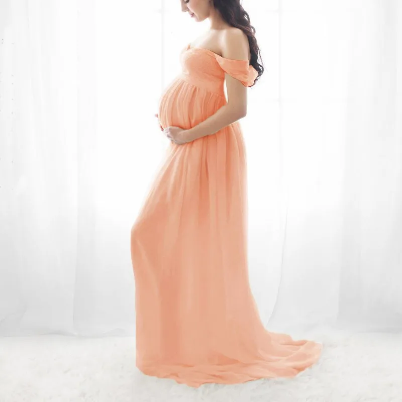 Фотосессия платья для беременных, однотонное шифоновое платье с открытыми плечами, длинное платье для беременных с разрезом спереди, Фотосессия